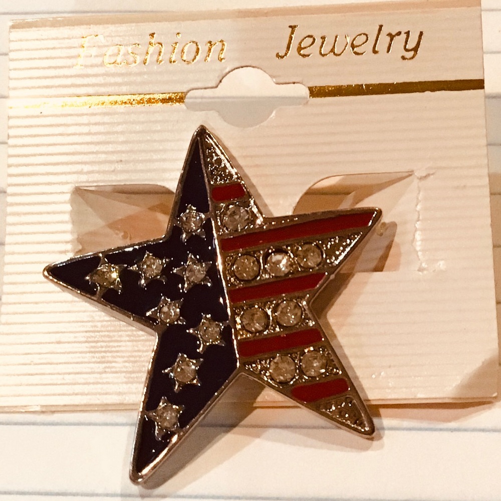 Silver red blue rhinestone star pin Patriotic